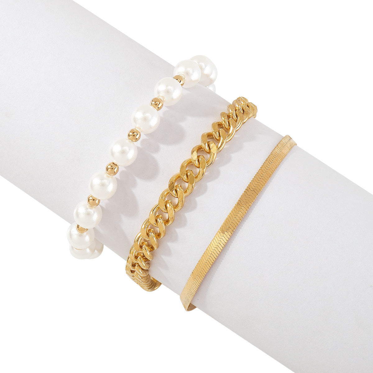 Pearl & 18K Gold-Plated Herringbone Chain Bracelet Set