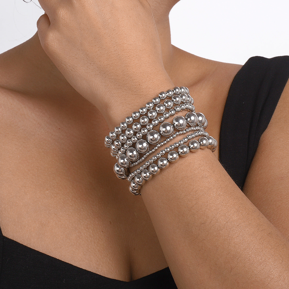 Silver-Plated Beaded Stretch Bracelet Set, jewelry gift sets for women, elegant gift for her, front view