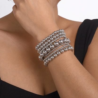 Silver-Plated Beaded Stretch Bracelet Set, jewelry gift sets for women, elegant gift for her, front view