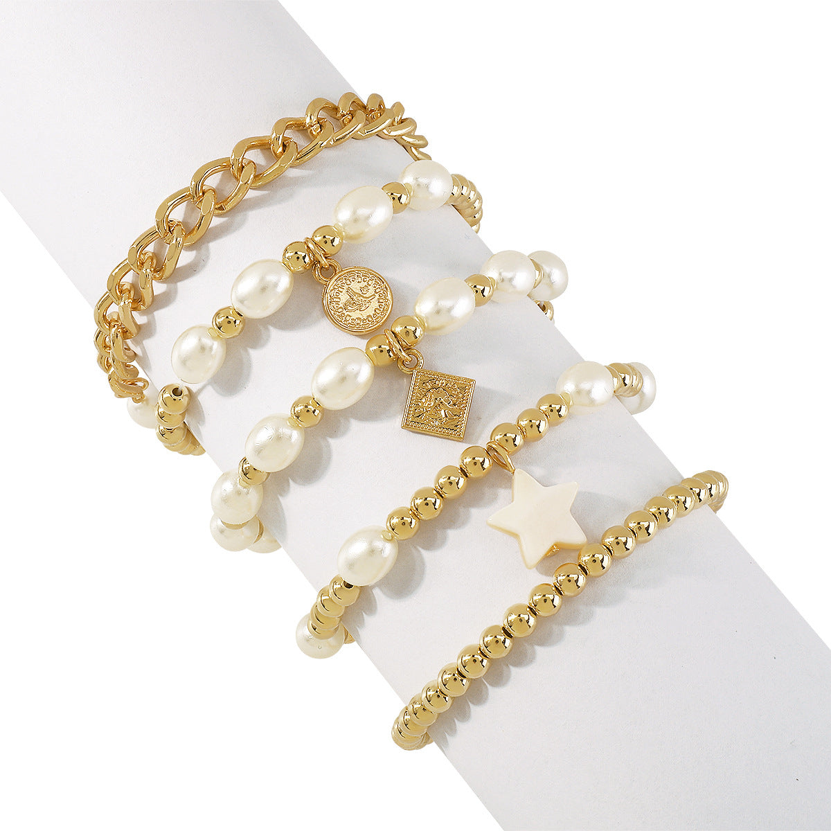Pearl & 18K Gold-Plated Star Charm Beaded Bracelet Set