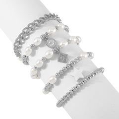 Pearl & Silver-Plated Star Charm Beaded Bracelet Set