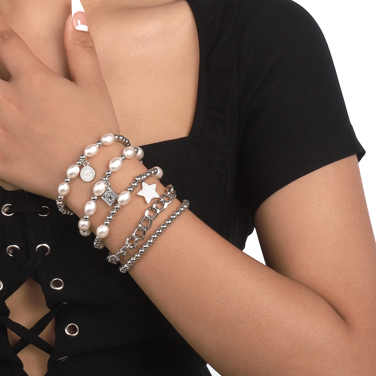 Pearl & Silver-Plated Star Charm Beaded Bracelet Set
