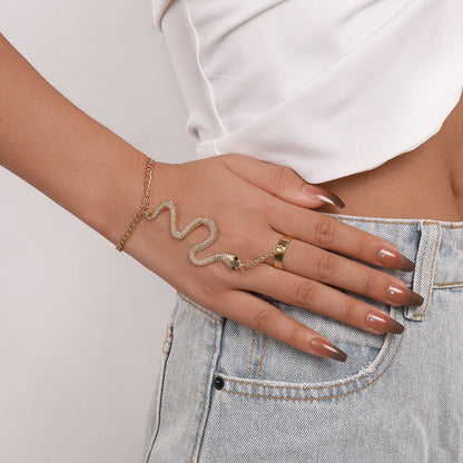 Cubic Zirconia and 18K Gold-Plated Snake Wrist-To-Ring Bracelet, gold bracelet for women, everyday style, side view