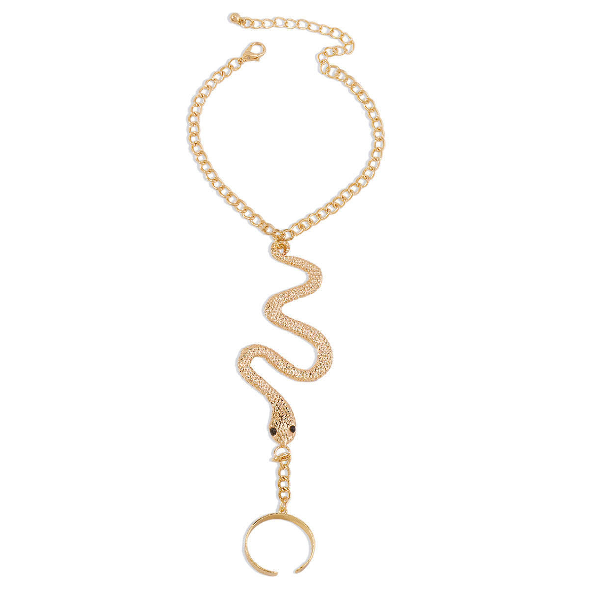 Cubic Zirconia and 18K Gold-Plated Snake Wrist-To-Ring Bracelet, gold bracelet for women, everyday style, detail close-up