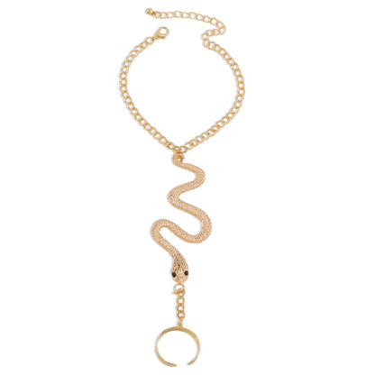 Cubic Zirconia and 18K Gold-Plated Snake Wrist-To-Ring Bracelet, gold bracelet for women, everyday style, detail close-up