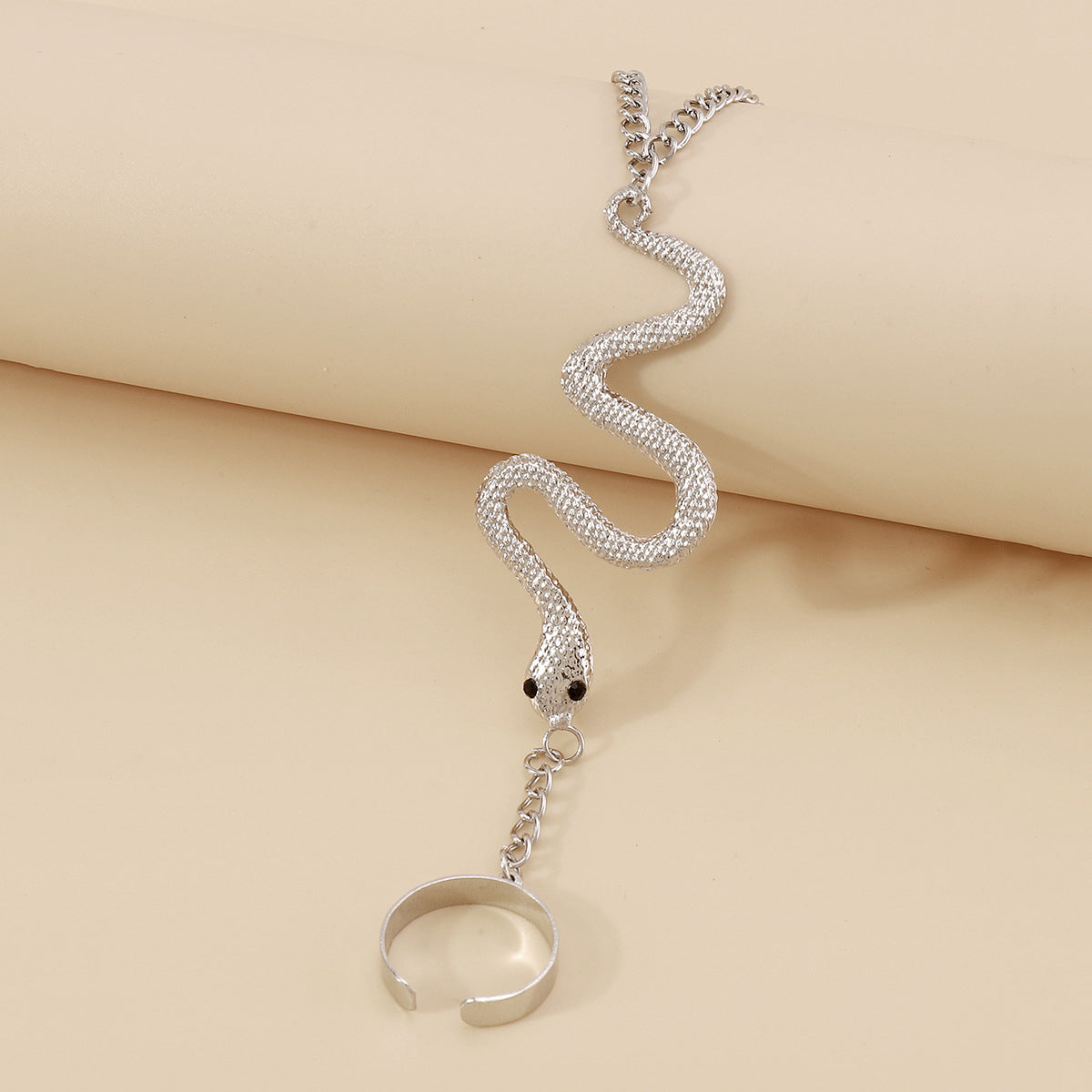 Cubic Zirconia and Silver-Plated Snake Wrist-To-Ring Bracelet, silver bracelet for women, botanical inspired, detail close-up