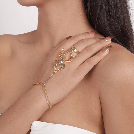 Crystal and 18K Gold-Plated Spider Wrist-To-Ring Bracelet, gold bracelet for women, elegant gift for her, front view