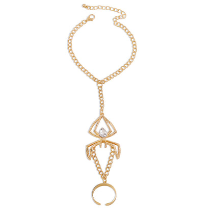 Crystal and 18K Gold-Plated Spider Wrist-To-Ring Bracelet, gold bracelet for women, elegant gift for her, detail close-up