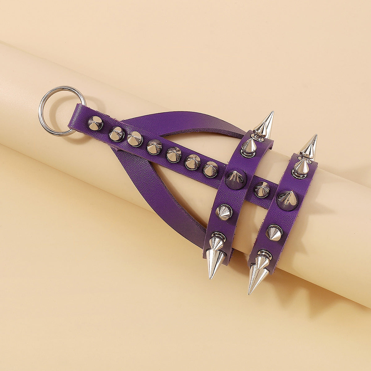 Purple Polystyrene & Silver-Plated Rivets Wrist-To-Finger Bracelet