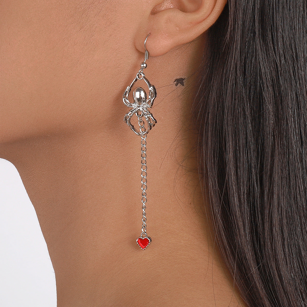 Red Enamel and Silver-Plated Spider Heart Drop Earring, silver drop earrings for women, everyday style, styled look