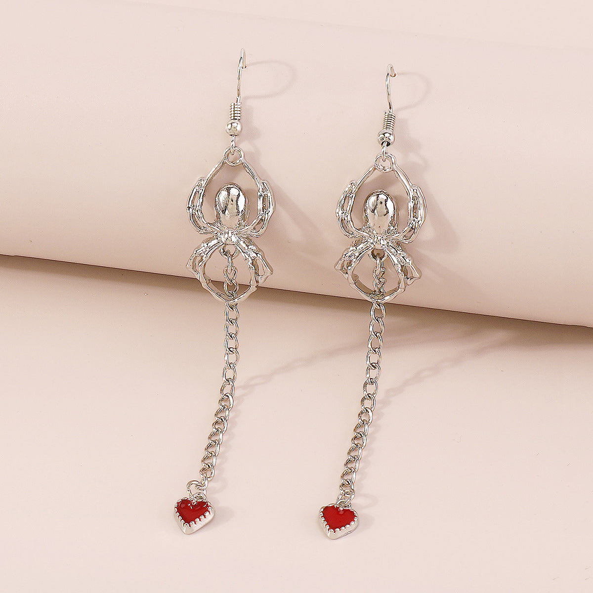 Red Enamel and Silver-Plated Spider Heart Drop Earring, silver drop earrings for women, everyday style, side view