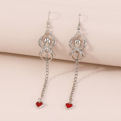 Red Enamel and Silver-Plated Spider Heart Drop Earring, silver drop earrings for women, everyday style, side view
