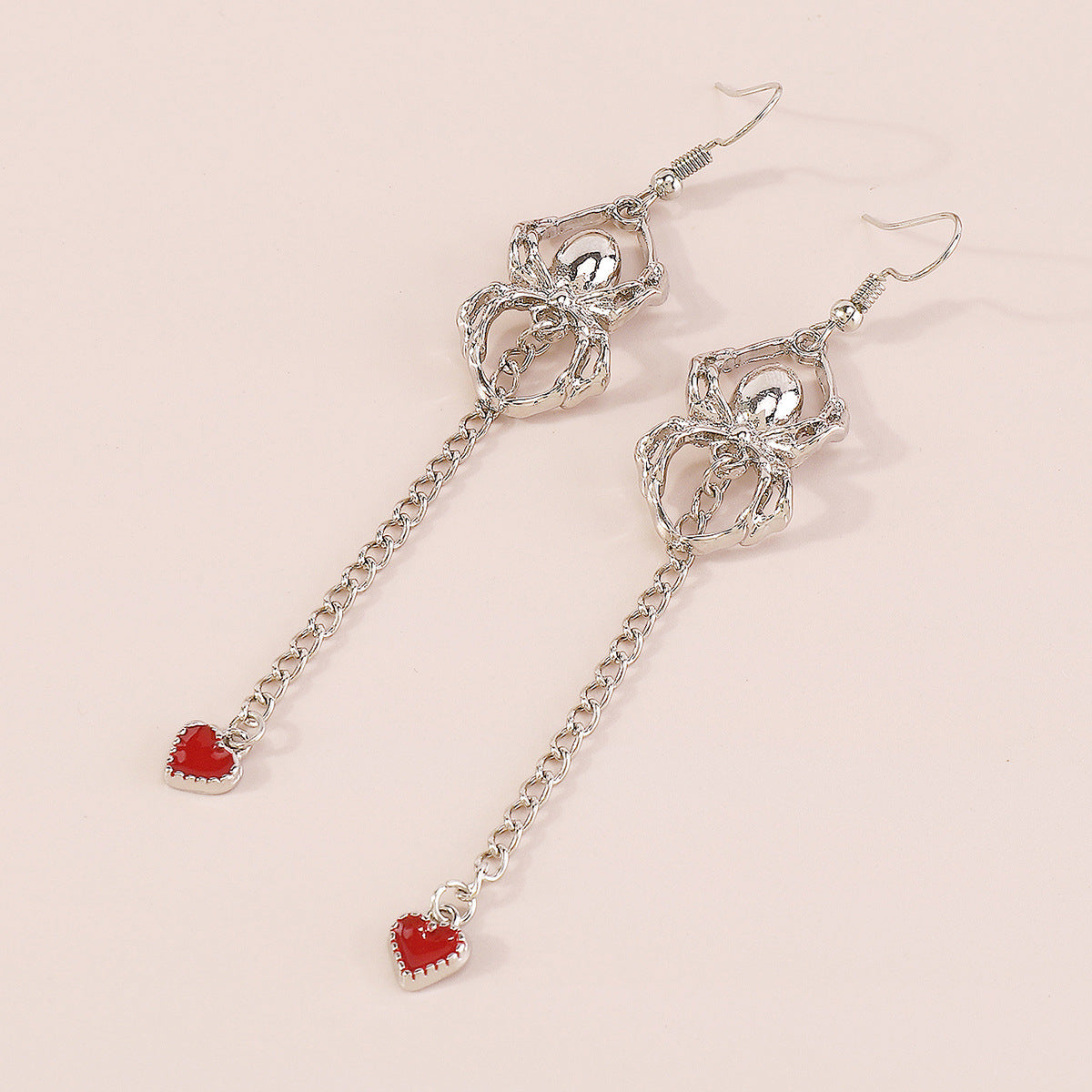 Red Enamel and Silver-Plated Spider Heart Drop Earring, silver drop earrings for women, everyday style, detail close-up