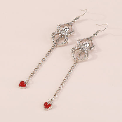 Red Enamel and Silver-Plated Spider Heart Drop Earring, silver drop earrings for women, everyday style, detail close-up