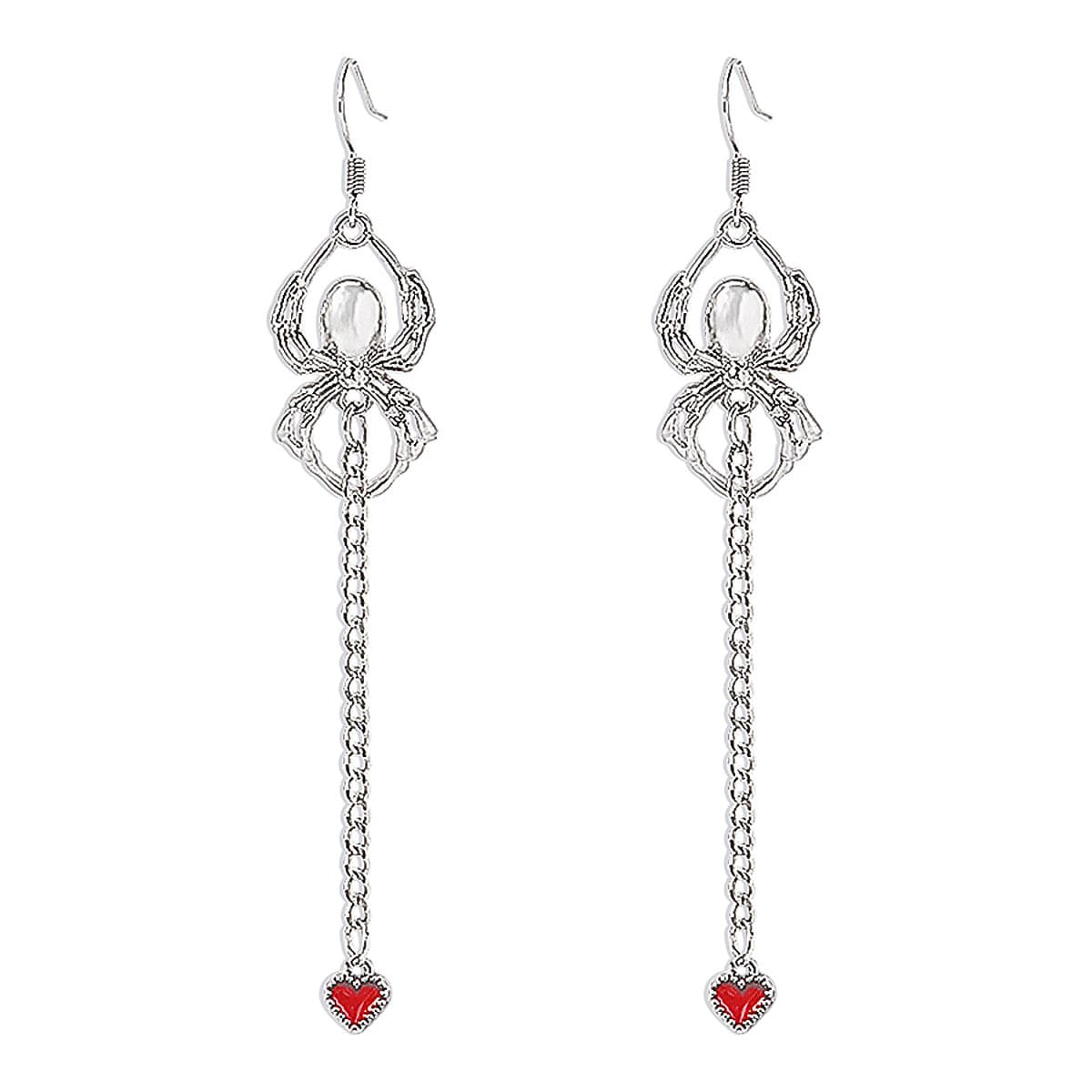 Red Enamel and Silver-Plated Spider Heart Drop Earring, silver drop earrings for women, everyday style, front view