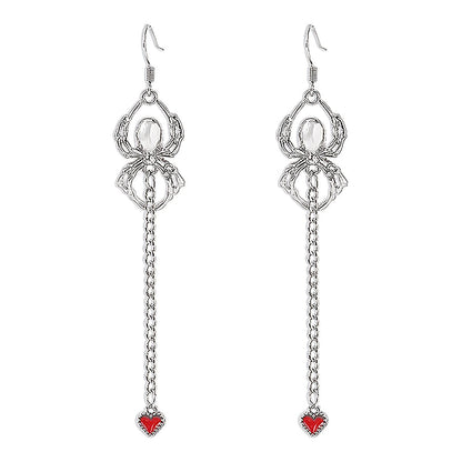 Red Enamel and Silver-Plated Spider Heart Drop Earring, silver drop earrings for women, everyday style, front view