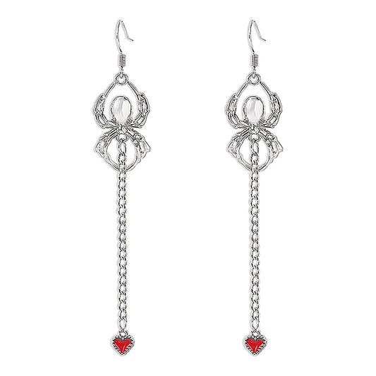 Red Enamel and Silver-Plated Spider Heart Drop Earring, silver drop earrings for women, everyday style, front view