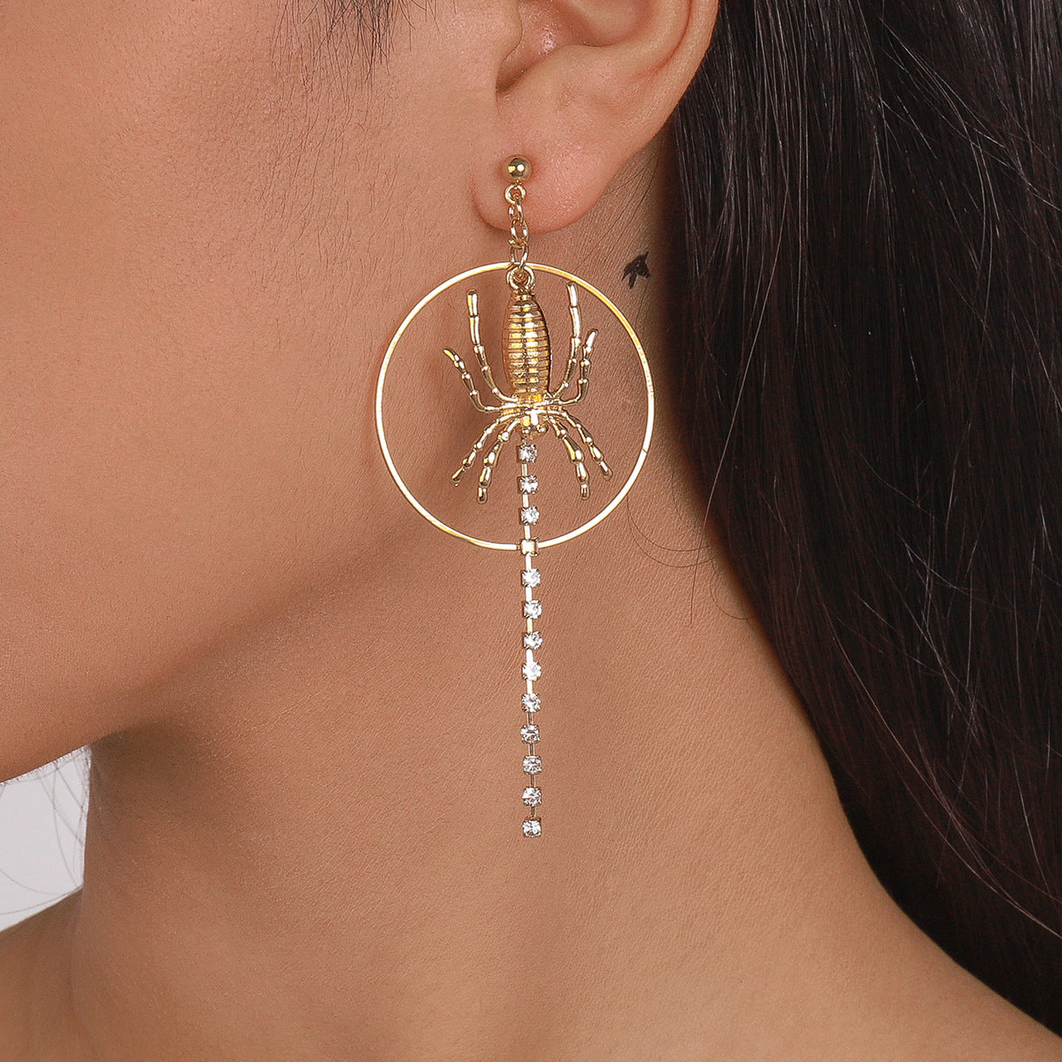 Cubic Zirconia and 18K Gold-Plated Spider Circle Drop Earring, gold drop earrings for women, elegant gift for her, front view