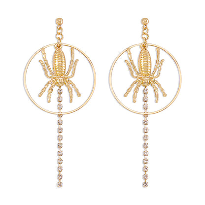 Cubic Zirconia and 18K Gold-Plated Spider Circle Drop Earring, gold drop earrings for women, detail close-up