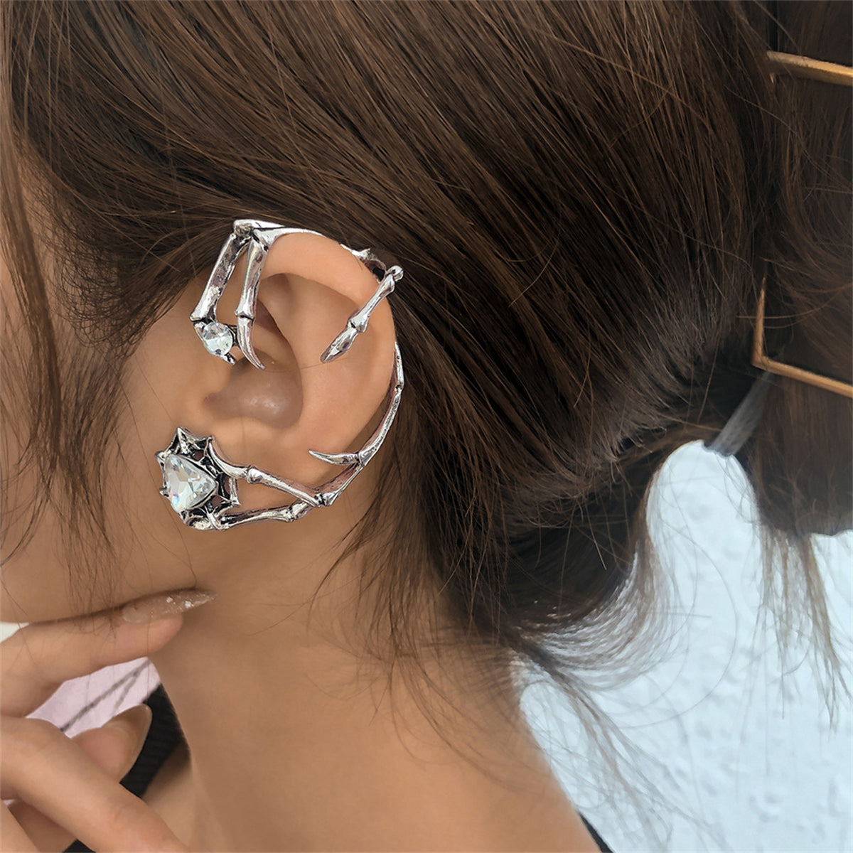 Crystal and Cubic Zirconia Silver-Plated Claw Ear Cuff, silver stud earrings for women, vintage-inspired design, front view