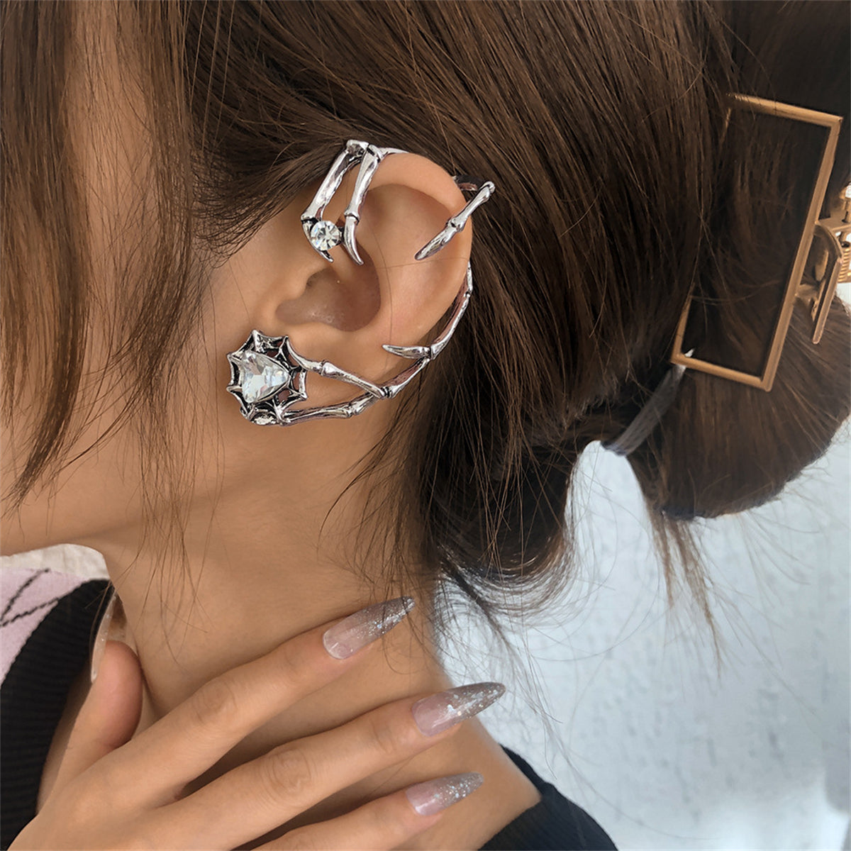 Crystal and Cubic Zirconia Silver-Plated Claw Ear Cuff, silver stud earrings for women, vintage-inspired design, side view