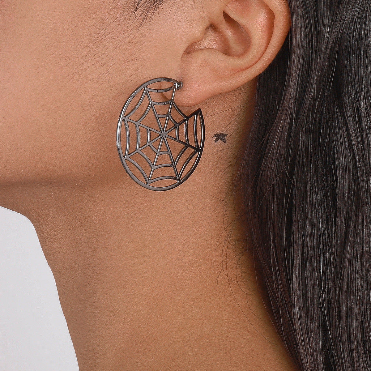 Black Cobweb and Spider Asymmetrical Huggie Earring, huggie earrings, elegant gift for her, front view