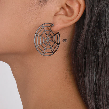 Black Cobweb and Spider Asymmetrical Huggie Earring, huggie earrings, elegant gift for her, front view