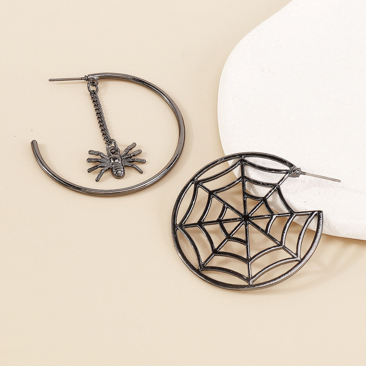 Black Cobweb and Spider Asymmetrical Huggie Earring, huggie earrings, elegant gift for her, lifestyle look