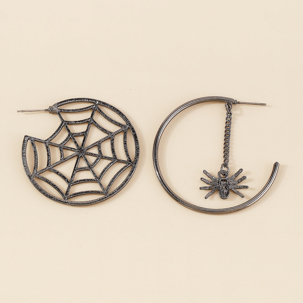 Black Cobweb and Spider Asymmetrical Huggie Earring, huggie earrings, elegant gift for her, detail close-up
