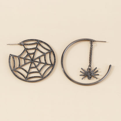 Black Cobweb and Spider Asymmetrical Huggie Earring, huggie earrings, elegant gift for her, detail close-up