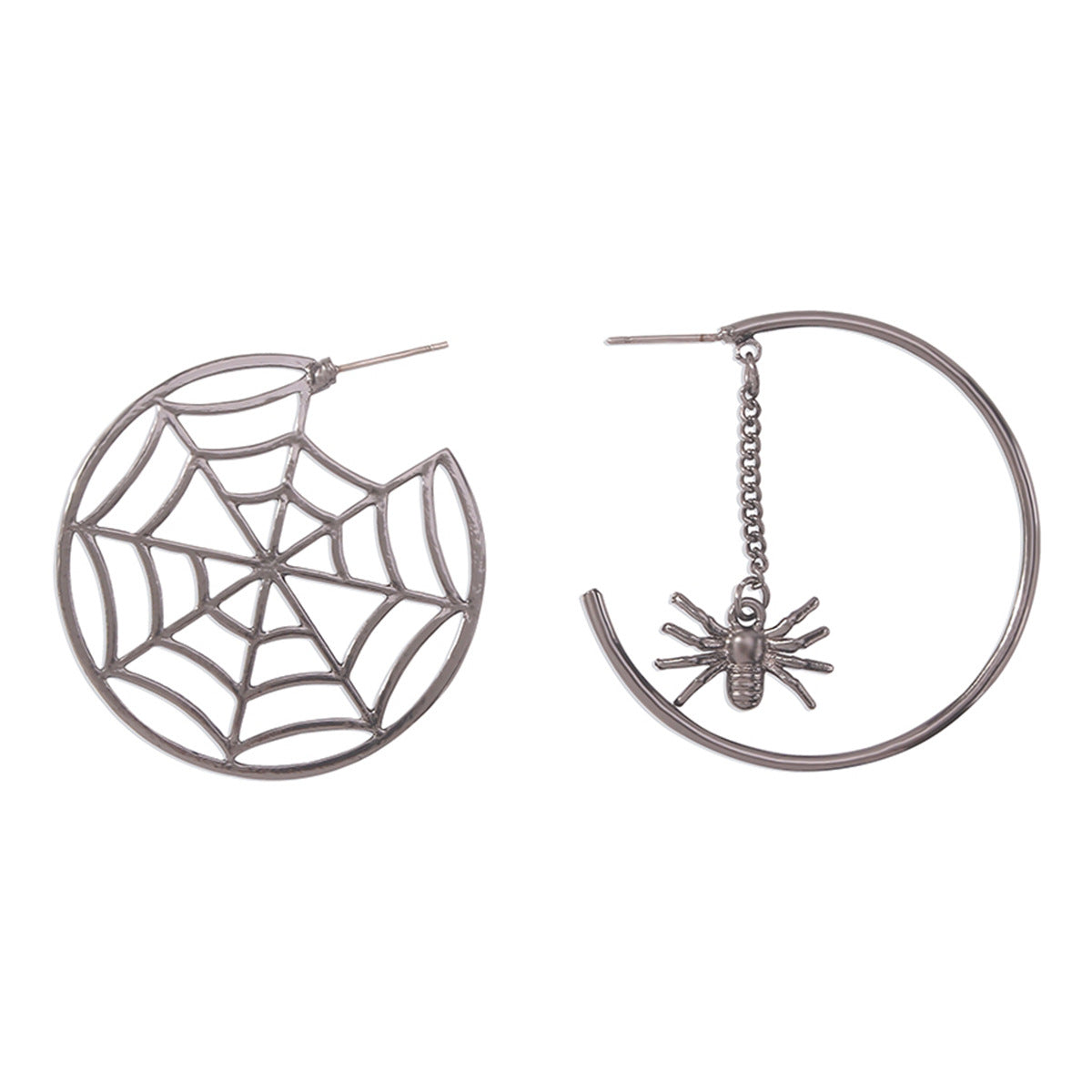Black Cobweb and Spider Asymmetrical Huggie Earring, huggie earrings, elegant gift for her, side view