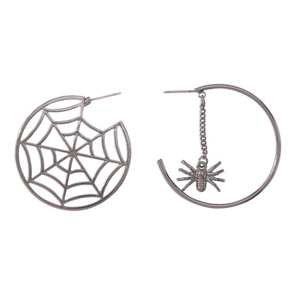 Black Cobweb and Spider Asymmetrical Huggie Earring, huggie earrings, elegant gift for her, side view