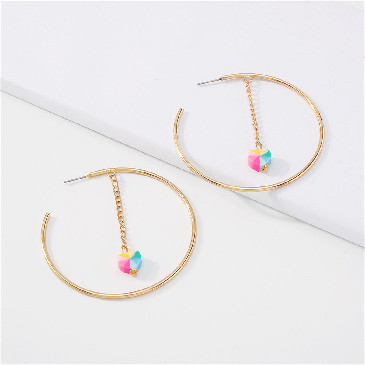 Pink Acrylic & 18K Gold-Plated Multicolor Heart Charm Hoop Earrings
