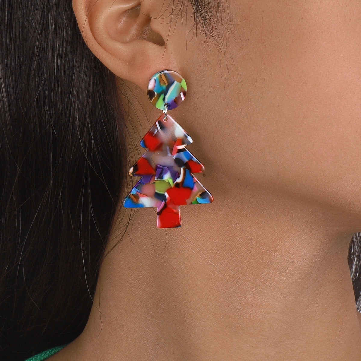 Red Multicolor Acrylic and Silver-Plated Christmas Tree Drop Earrings, silver drop earrings for women, lifestyle look