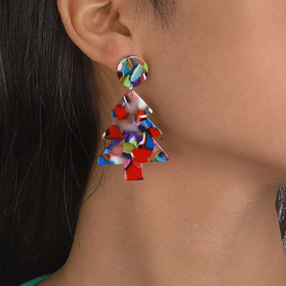 Red Multicolor Acrylic and Silver-Plated Christmas Tree Drop Earrings, silver drop earrings for women, lifestyle look