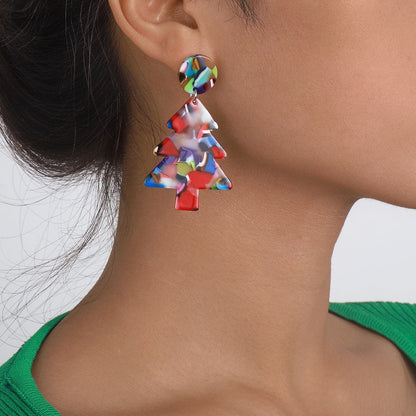 Red Multicolor Acrylic and Silver-Plated Christmas Tree Drop Earrings, silver drop earrings for women, styled look