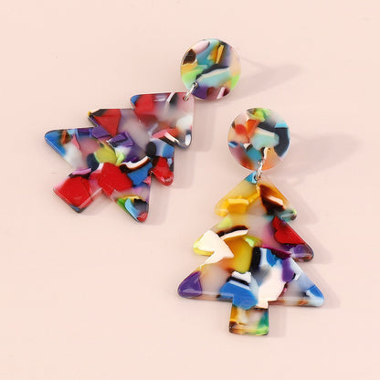 Red Multicolor Acrylic and Silver-Plated Christmas Tree Drop Earrings, silver drop earrings for women, detail close-up