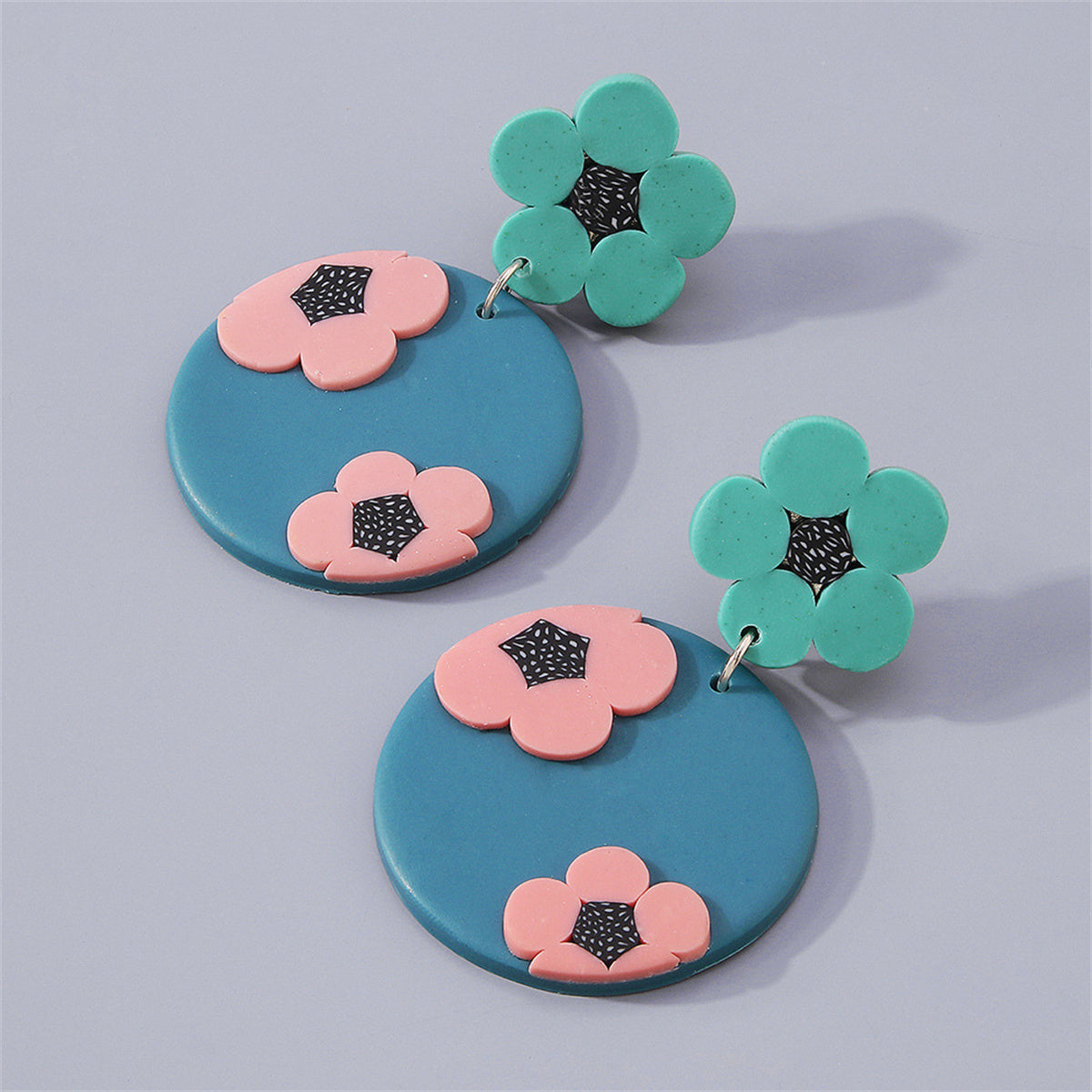 Blue & Pink Floral Tiered Circle Drop Earrings
