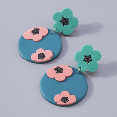 Blue & Pink Floral Tiered Circle Drop Earrings