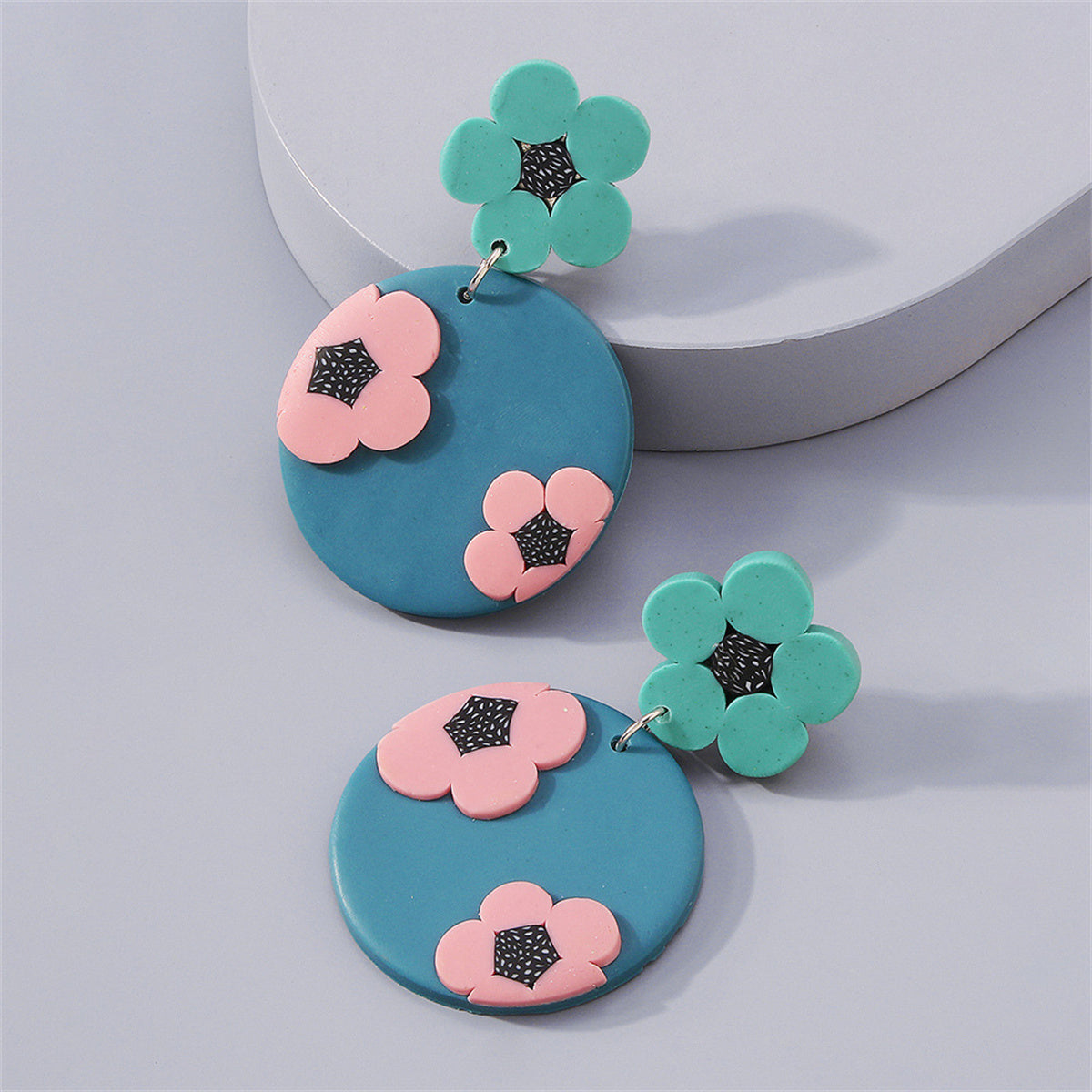 Blue & Pink Floral Tiered Circle Drop Earrings