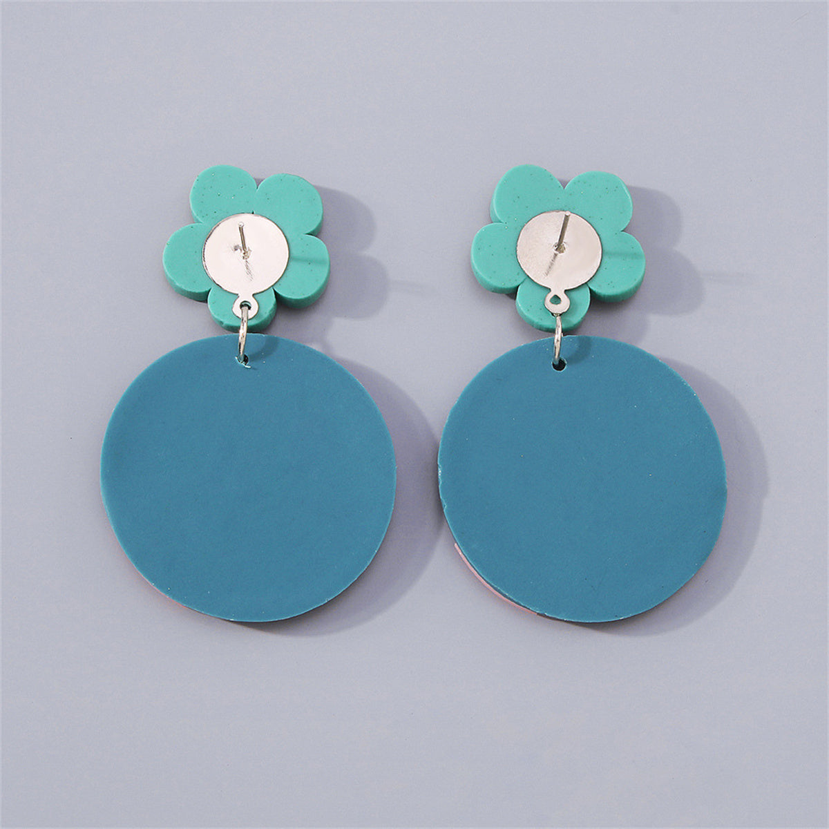 Blue & Pink Floral Tiered Circle Drop Earrings
