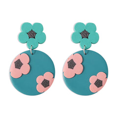 Blue & Pink Floral Tiered Circle Drop Earrings