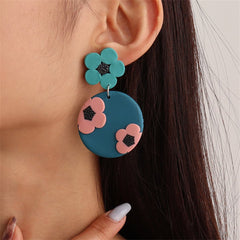 Blue & Pink Floral Tiered Circle Drop Earrings