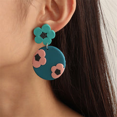 Blue & Pink Floral Tiered Circle Drop Earrings