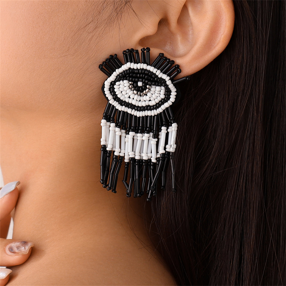 Black & White Howlite Eye Tassel Drop Earrings