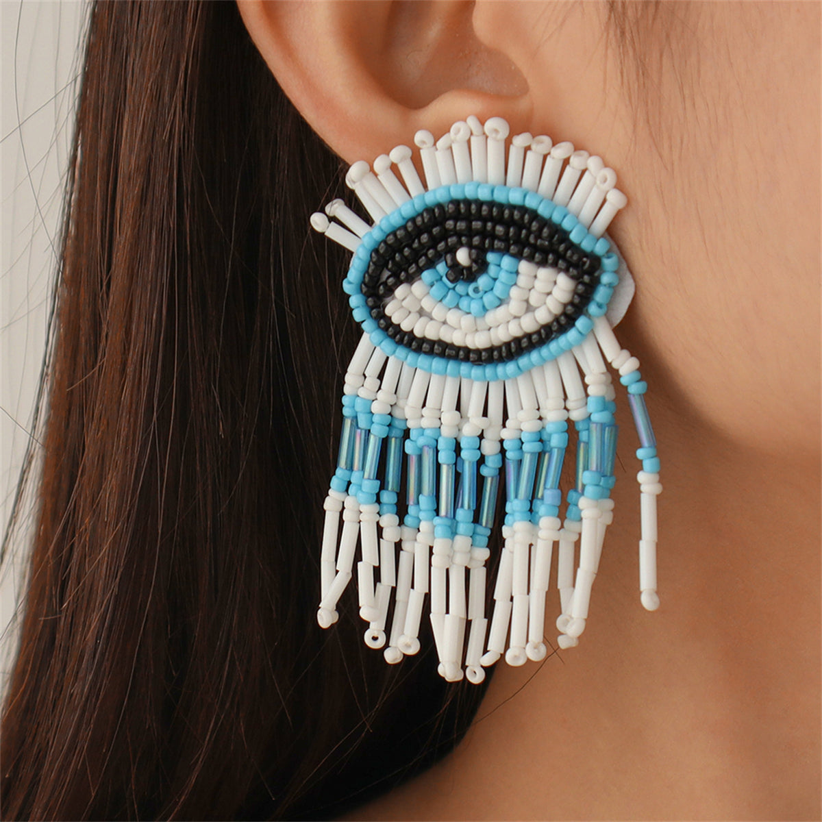 Blue & White Howlite Eye Tassel Drop Earrings