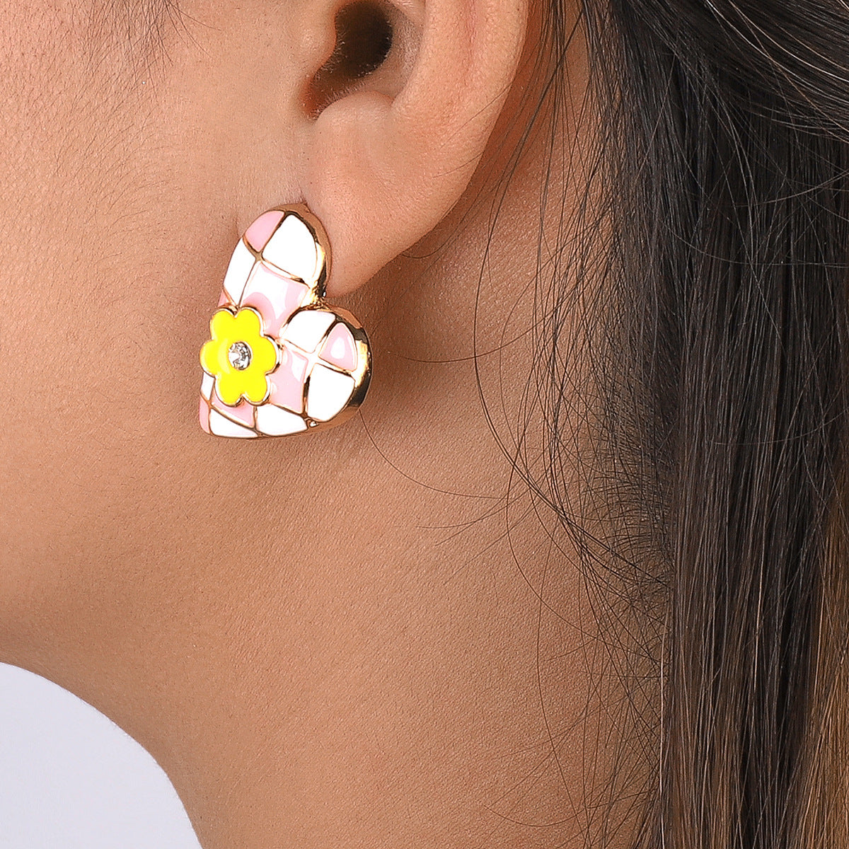Clear Cubic Zirconia & Pink Flower Heart Stud Earrings