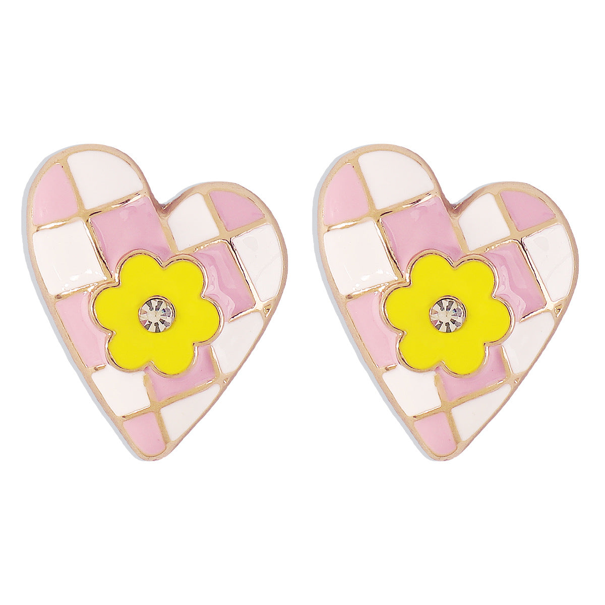 Clear Cubic Zirconia & Pink Flower Heart Stud Earrings