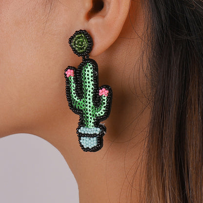 Howlite and Sequin Cactus Drop Earrings, drop earrings for women, dainty minimalist design, front view