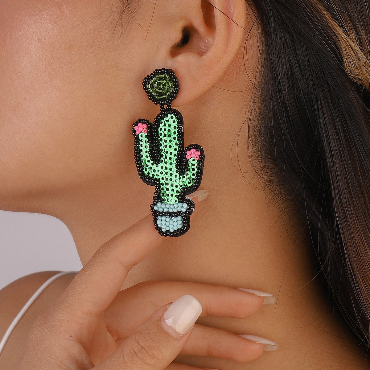 Howlite and Sequin Cactus Drop Earrings, drop earrings for women, dainty minimalist design, side view